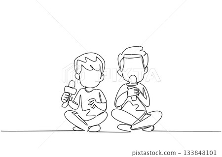 Continuous one line drawing two brothers holding a mic. Utilizing technology called microphone. Karaoke together with joy. Fun together. Day of Brother. Single line draw design vector illustration 133848101