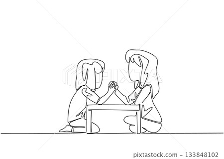 Single one line drawing two sisters sitting on the floor and arm wrestling. Siblings competing in a game of agile. Fun and exciting game. Day of Brother. Continuous line design graphic illustration 133848102