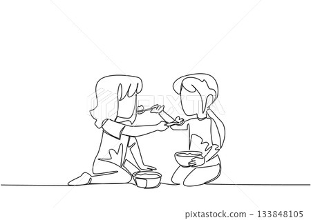 Single one line drawing two sisters feeding each other food. Sharing the delicious contents of the plate. Increase familiarity. Delicious. Day of Brother. Continuous line design graphic illustration 133848105