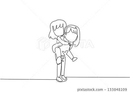 Single one line drawing an older sister carries her younger sister on her back. Keep the little one in a calm mood. Fun together. Warmth. Day of Brother. Continuous line design graphic illustration 133848109