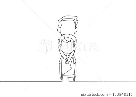 Single one line drawing an older brother hugs body of his younger brother from behind. Funny moments captured by a camera. Memorable. Cute. Day of Brother. Continuous line design graphic illustration 133848115