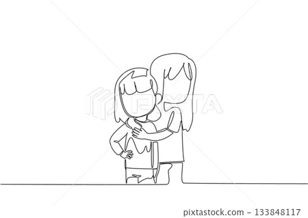 Continuous one line drawing an older sister hugging body of younger sister. Cute adorable poses of beautiful siblings. Contagious happiness. Day of Brother. Single line draw design vector illustration 133848117