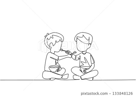 Single continuous line drawing two brothers feeding each other food. Teaching to chew food quickly. Taste the deliciousness together. Brotherhood. Day of Brother. One line design vector illustration 133848126