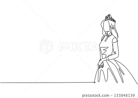 Single one line drawing a woman wearing a princess dress and wearing a tiara crown. Empowering women. Giving appreciation for all contributions. Tiara Day. Continuous line design graphic illustration 133848139
