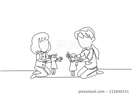 Single one line drawing two little sisters sitting and playing with dolls together on the floor. Take care and love each other. Happiness. Day of Brother. Continuous line design graphic illustration Single one line drawing two little sisters sitting and playing with dolls together on the floor. Take care and love each other. Happiness. Day of Brother. Continuous line design graphic illustration 133848141