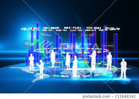 Showing professional silhouettes on glowing world map, displaying 3D holographic charts and tickers Showing professional silhouettes on glowing world map, displaying 3D holographic charts and tickers 133848142