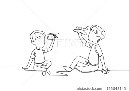 Single continuous line drawing two brothers sitting and playing together on the floor. Playing the same game because of the same toy hobby. Happy. Day of Brother. One line design vector illustration 133848143