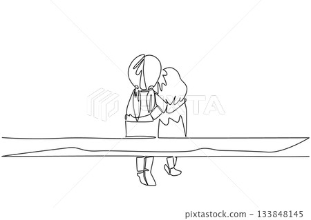 Continuous one line drawing two little sisters sits on the wood. Taking younger sibling to play outside. Seeing the expanse of green grass. Day of Brother. Single line draw design vector illustration Continuous one line drawing two little sisters sits on the wood. Taking younger sibling to play outside. Seeing the expanse of green grass. Day of Brother. Single line draw design vector illustration 133848145