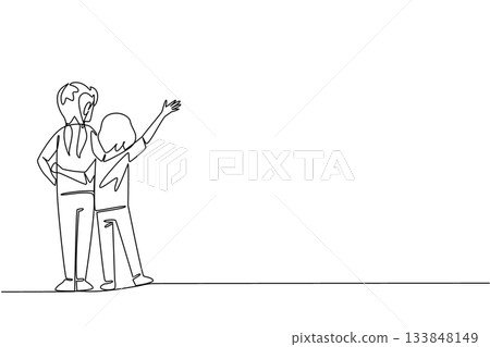 Single one line drawing rear view, two little sisters standing embracing each other. Always get along wherever. The protector. Loving. Day of Brother. Continuous line design graphic illustration 133848149