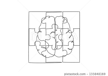 Single one line drawing the middle piece forms a top view of the brain. A very chronic mental disorder. Confusion in thinking. World Schizophrenia Day. Continuous line design graphic illustration 133848169