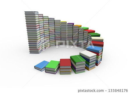 Colorful hardcover book stacks are forming semicircular arch on white background, copy space Colorful hardcover book stacks are forming semicircular arch on white background, copy space 133848176