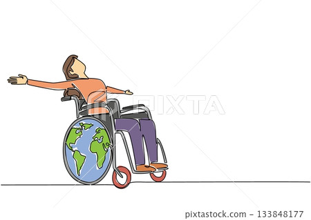 Single continuous line drawing a woman sitting in wheelchair with her arms outstretched. Equality despite differences. Disabled. Global Accessibility Awareness Day. One line design vector illustration Single continuous line drawing a woman sitting in wheelchair with her arms outstretched. Equality despite differences. Disabled. Global Accessibility Awareness Day. One line design vector illustration 133848177