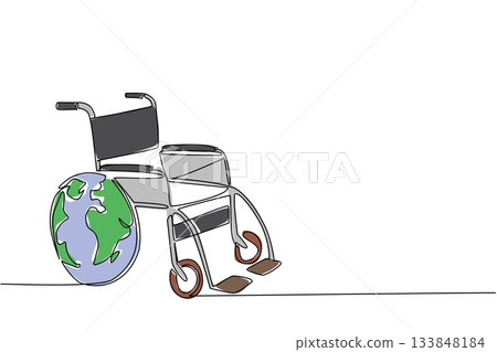 Single one line drawing wheelchair with outermost wheel position replaced with globe. A world suitable for the disabled. Global Accessibility Awareness Day. Continuous line design graphic illustration 133848184