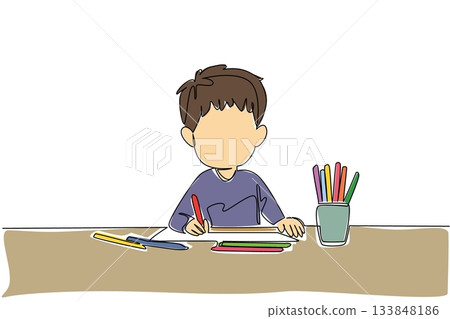 Continuous one line drawing a boy drawing with colored pencils and colorful pencil case. The first subject is coloring. Train the imagination. Drawing Day. Single line draw design vector illustration 133848186