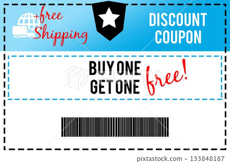 Promotional coupon graphic showing flat design with blue gradient band, globe icon and barcode 133848187