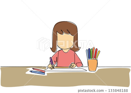 Single one line drawing a girl drawing with colored pencils and a colorful pencil case. Motor sensory lessons. Relying on creativity. Learn. Drawing Day. Continuous line design graphic illustration 133848188