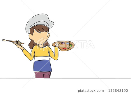 Single continuous line drawing girl wear tshirt hold colorful watercolor palette and watercolor brush with artist beret hat. Little artist. Painter. Drawing Day. One line design vector illustration 133848190