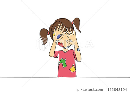 Continuous one line drawing girl wearing a tshirt full of colorful paint scribbles while covering eyes with hands. Experimenting. Shame. Dirty. Drawing Day. Single line draw design vector illustration 133848194