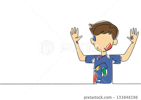 Continuous one line drawing a boy wear tshirt shows his hands and face which are full of scribbles. Experimenting with imagination. Creative. Drawing Day. Single line draw design vector illustration 133848198