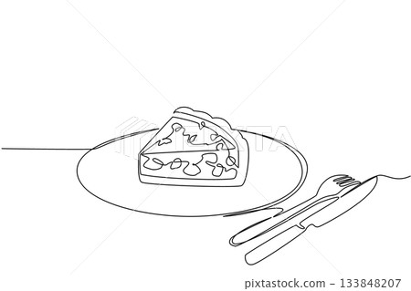 Single continuous line drawing small pieces of quiche lorraine with celery leaves on top on small plate. Simple and filling breakfast. National Quiche Lorraine Day. One line design vector illustration 133848207