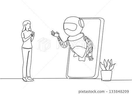 Single one line drawing woman stands holds smartphone and robot comes out of big smartphone. Talking with technology. International Virtual Assistants Day. Continuous line design graphic illustration Single one line drawing woman stands holds smartphone and robot comes out of big smartphone. Talking with technology. International Virtual Assistants Day. Continuous line design graphic illustration 133848209