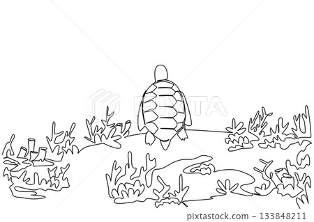 Single one line drawing turtle sitting on coral reef. Environmental degradation. Loss of natural habitats. Real extinction. National Endangered Species Day. Continuous line design graphic illustration Single one line drawing turtle sitting on coral reef. Environmental degradation. Loss of natural habitats. Real extinction. National Endangered Species Day. Continuous line design graphic illustration 133848211