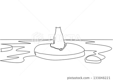 Continuous one line drawing polar bear sitting on a piece of ice. Human behavior creates global warming. Habitat loss. National Endangered Species Day. Single line draw design vector illustration Continuous one line drawing polar bear sitting on a piece of ice. Human behavior creates global warming. Habitat loss. National Endangered Species Day. Single line draw design vector illustration 133848221