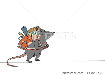 Single continuous line drawing rats walking carrying various items. Throw away things that are no longer used. Environment getting healthier. National Pack Rat Day. One line design vector illustration 133848230