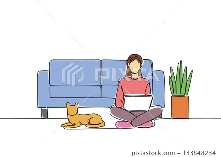 Continuous one line drawing woman sitting cross legged on floor with laptop on lap and cat lying down. Architect. Designing. National Work From Home Day. Single line draw design vector illustration Continuous one line drawing woman sitting cross legged on floor with laptop on lap and cat lying down. Architect. Designing. National Work From Home Day. Single line draw design vector illustration 133848234