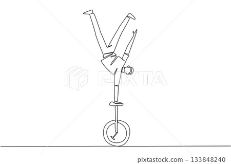 Single continuous line drawing strong man standing upside down with one hand holding unicycle seat. Acrobatics like a circus performer. Brave. Ride a Unicycle Day. One line design vector illustration 133848240