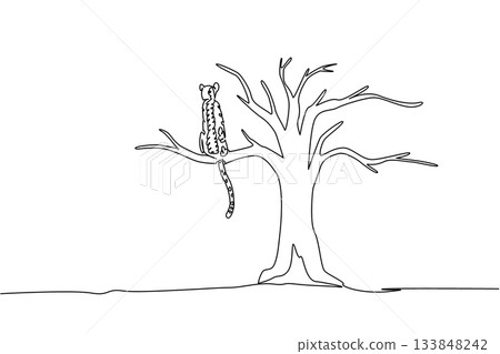 Single one line drawing cheetah sitting on a big dry tree branch. Changing food chain patterns. Damaged nature. Extinction. National Endangered Species Day. Continuous line design graphic illustration Single one line drawing cheetah sitting on a big dry tree branch. Changing food chain patterns. Damaged nature. Extinction. National Endangered Species Day. Continuous line design graphic illustration 133848242