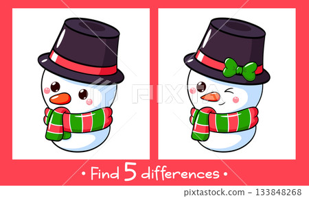 Educational Game for Kids. Find five Differences Activity For Preschool Children. Find 5 differences education game for kids with cute snowman. Merry Christmas theme. Vector Illustration EPS8 133848268