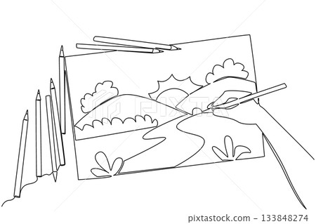 Single one line drawing hand holding colored pencils and pencils of various colors scattered. A beautiful natural view. Sharpening talents. Drawing Day. Continuous line design graphic illustration Single one line drawing hand holding colored pencils and pencils of various colors scattered. A beautiful natural view. Sharpening talents. Drawing Day. Continuous line design graphic illustration 133848274