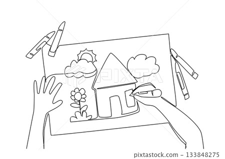 Single continuous line drawing hands are painting using crayons and there are lots of crayons scattered around. Drawing a dream house. Little artist. Drawing Day. One line design vector illustration 133848275