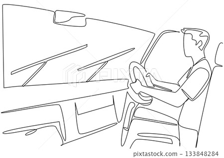 Continuous one line drawing a young man driving a car and turning on the wipers. Driving in bad weather. Must stay focused. National Check Your Wipers Day. Single line draw design vector illustration Continuous one line drawing a young man driving a car and turning on the wipers. Driving in bad weather. Must stay focused. National Check Your Wipers Day. Single line draw design vector illustration 133848284
