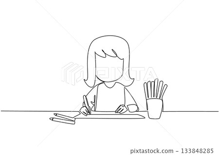 Single one line drawing a girl drawing with colored pencils and a colorful pencil case. Motor sensory lessons. Relying on creativity. Learn. Drawing Day. Continuous line design graphic illustration 133848285