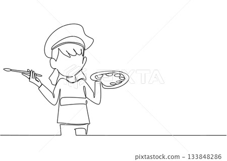 Single continuous line drawing girl wear tshirt hold colorful watercolor palette and watercolor brush with artist beret hat. Little artist. Painter. Drawing Day. One line design vector illustration Single continuous line drawing girl wear tshirt hold colorful watercolor palette and watercolor brush with artist beret hat. Little artist. Painter. Drawing Day. One line design vector illustration 133848286