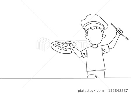 Single continuous line drawing boy wear tshirt hold colorful watercolor palette and watercolor brush with artist beret hat. Playing with imagination. Drawing Day. One line design vector illustration 133848287