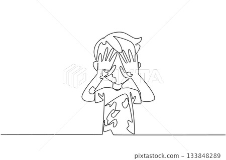 Single one line drawing boy wearing a tshirt full of colorful paint scribbles while covering eyes with hands. Dirty. Messy. Expressive. Happy. Drawing Day. Continuous line design graphic illustration 133848289