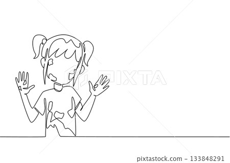 Single continuous line drawing a girl wear tshirt shows her hands and face which are full of scribbles. Dirty becomes a good thing. Creative. Happy. Drawing Day. One line design vector illustration 133848291