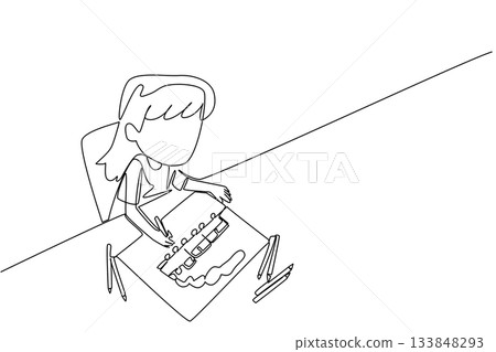 Continuous one line drawing a girl drawing a train and colorful pencils scattered around. Imagination with anti traffic jam vehicles. Learn. Drawing Day. Single line draw design vector illustration Continuous one line drawing a girl drawing a train and colorful pencils scattered around. Imagination with anti traffic jam vehicles. Learn. Drawing Day. Single line draw design vector illustration 133848293