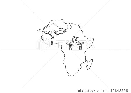 Single continuous line drawing the African continent with 2 ostriches in the middle, the sun and a big tree. The natural habitat of the ostrich. Global Africa Day. One line design vector illustration Single continuous line drawing the African continent with 2 ostriches in the middle, the sun and a big tree. The natural habitat of the ostrich. Global Africa Day. One line design vector illustration 133848298