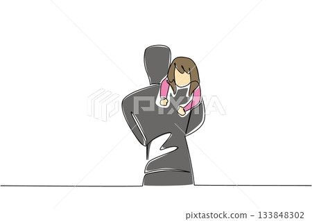 Single continuous line drawing a man carrying a struggling girl. Rebelling in the hope of escaping. Increase awareness. Abduction. National Missing of Children Day. One line design vector illustration 133848302