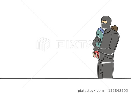 Single one line drawing a masked man carrying a boy. Prevent terror acts of child kidnapping. Increase alertness. Abuse. National Missing of Children Day. Continuous line design graphic illustration 133848303