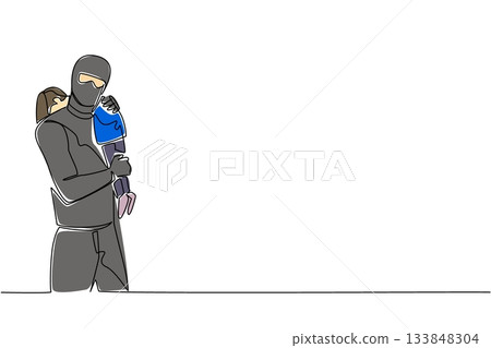 Continuous one line drawing a masked man carrying a girl. Tighten supervision of children. Crime is increasing. Abduction. National Missing of Children Day. Single line draw design vector illustration Continuous one line drawing a masked man carrying a girl. Tighten supervision of children. Crime is increasing. Abduction. National Missing of Children Day. Single line draw design vector illustration 133848304