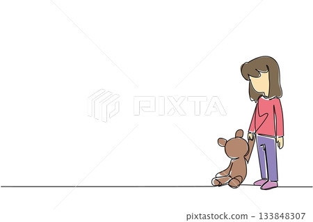 Continuous one line drawing a girl standing and looking down dejectedly holding a teddy bear. Leaving deep trauma. Abuse. National Missing of Children Day. Single line draw design vector illustration 133848307