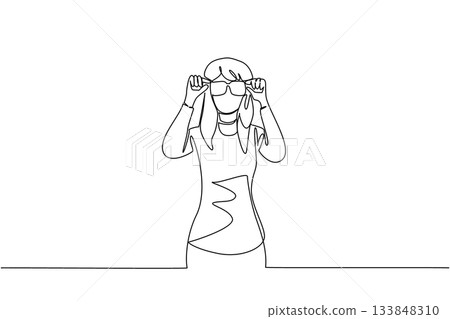Single continuous line drawing woman dressed as a nerd, holding glasses with large frames. The most unique and ridiculous in the office. Attractive. Geek Pride Day. One line design vector illustration 133848310