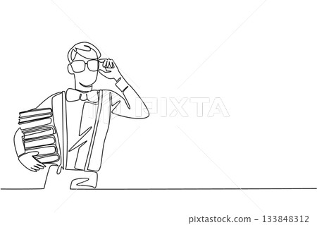 Single one line drawing man wear a long sleeved shirt with suspender carrying stack of books hold glasses. Funny behavior. Ridiculous. Geek Pride Day. Continuous line design graphic illustration Single one line drawing man wear a long sleeved shirt with suspender carrying stack of books hold glasses. Funny behavior. Ridiculous. Geek Pride Day. Continuous line design graphic illustration 133848312
