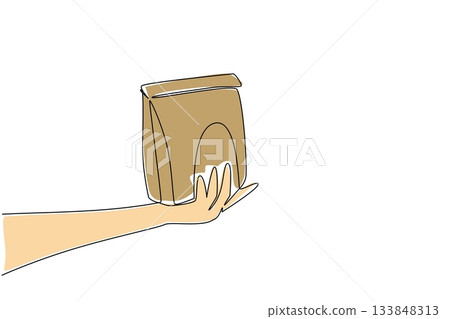 Continuous one line drawing hand holding brown paper bag with the top folded. Eco friendly packaging for food. Environmental care National Brown Bag It Day. Single line draw design vector illustration Continuous one line drawing hand holding brown paper bag with the top folded. Eco friendly packaging for food. Environmental care National Brown Bag It Day. Single line draw design vector illustration 133848313