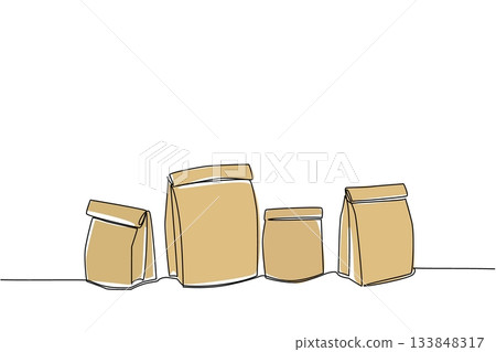 Single one line drawing several brown paper bags in various sizes. Various sizes for various types. Eco friendly. Recycle. Reuse. National Brown Bag It Day. Continuous line design graphic illustration Single one line drawing several brown paper bags in various sizes. Various sizes for various types. Eco friendly. Recycle. Reuse. National Brown Bag It Day. Continuous line design graphic illustration 133848317